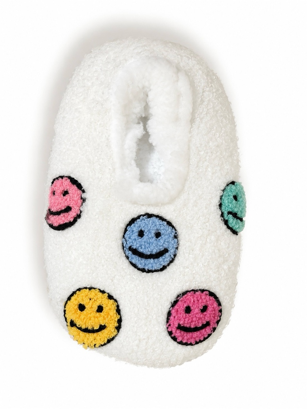 Cozy White Sherpa Slippers Size 12-13 with Colorful Smiley Patches